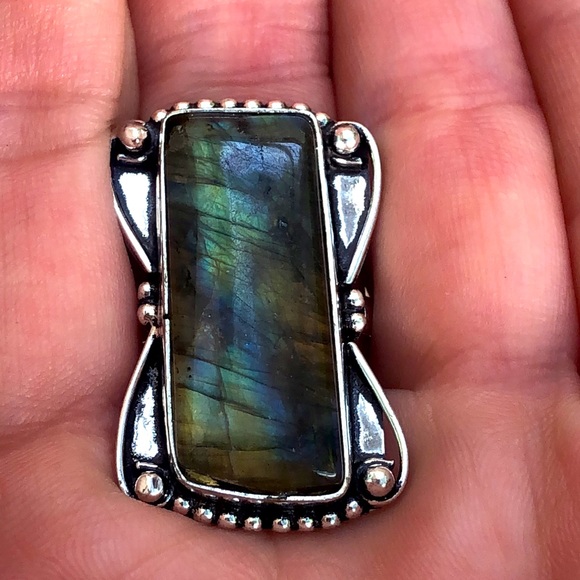 Sterling Silver 925 Antiqued Labradorite Gemstone Ring Size 9 - Picture 2 of 8